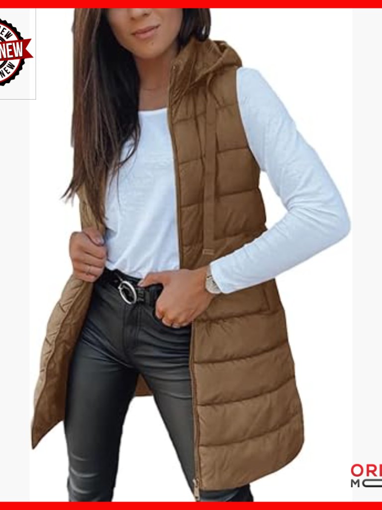 Long Sleeveless Hooded Puffer Vest, Lightweight Polyester, Winter Outerwear